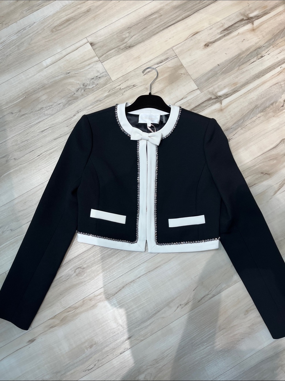 LoveShackFancy Black Cropped Bow-Trim Blazer